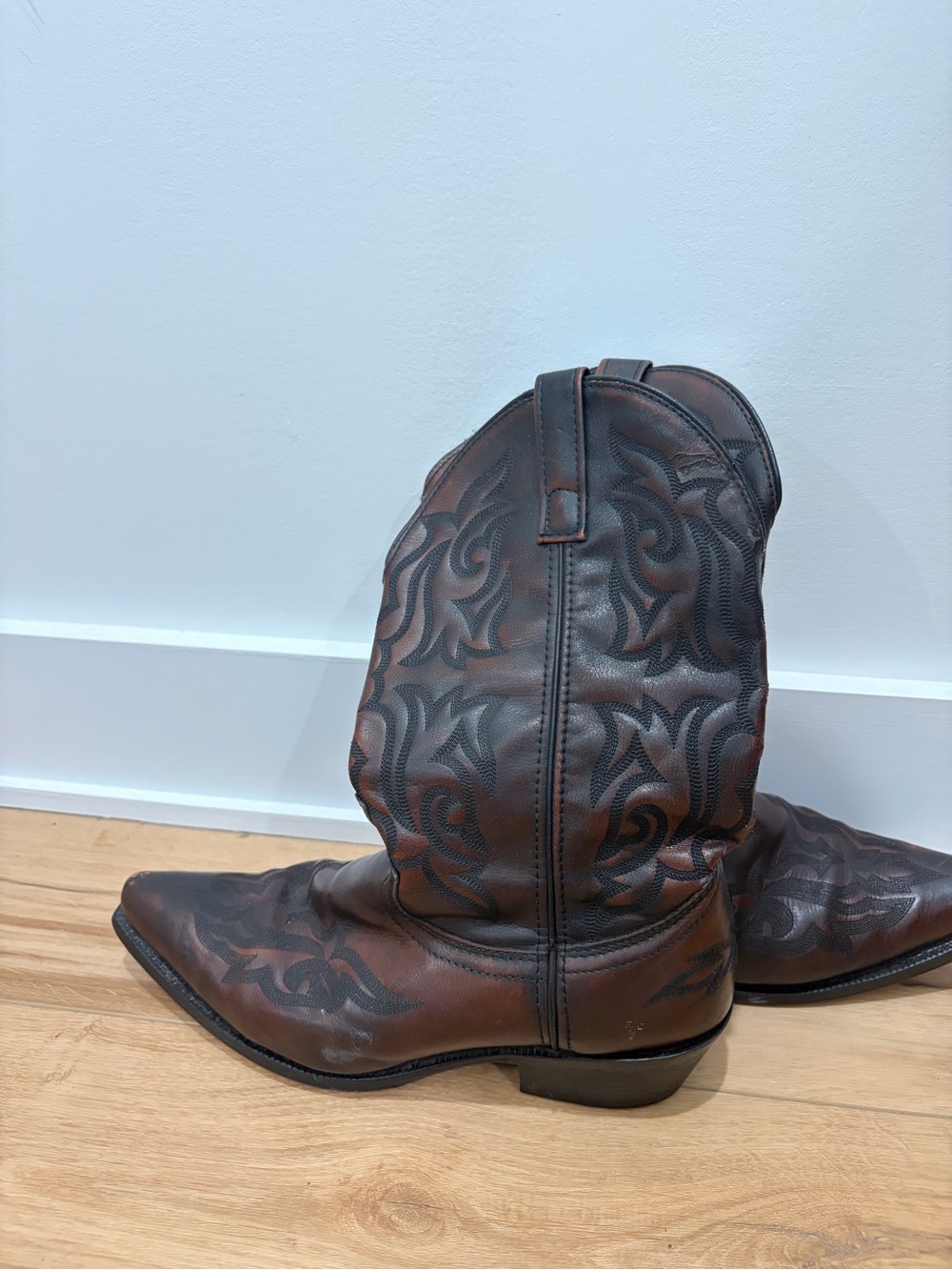 Laredo Men's Brown Leather Western Boots with Black Embroidered Overlay